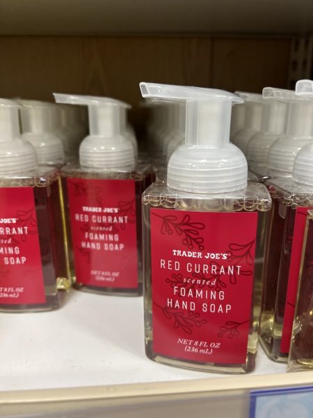 Trader Joe's Red Currant Scented Foaming Hand Soap on display in a trader joe's store. 