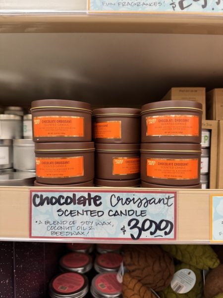 Trader Joe's Chocolate Croissant scented candle on shelves in stores.