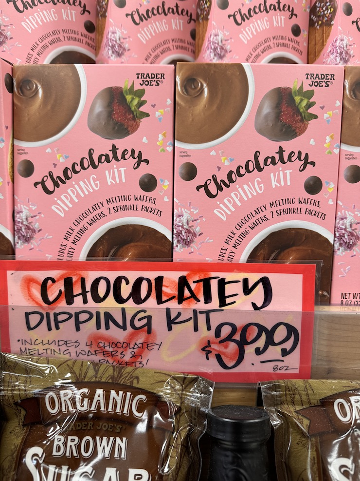 Trader Joe's Chocolatey Dipping kit, a mix of milk and dark chocolatey melting wafers with 2 sprinkle packets.