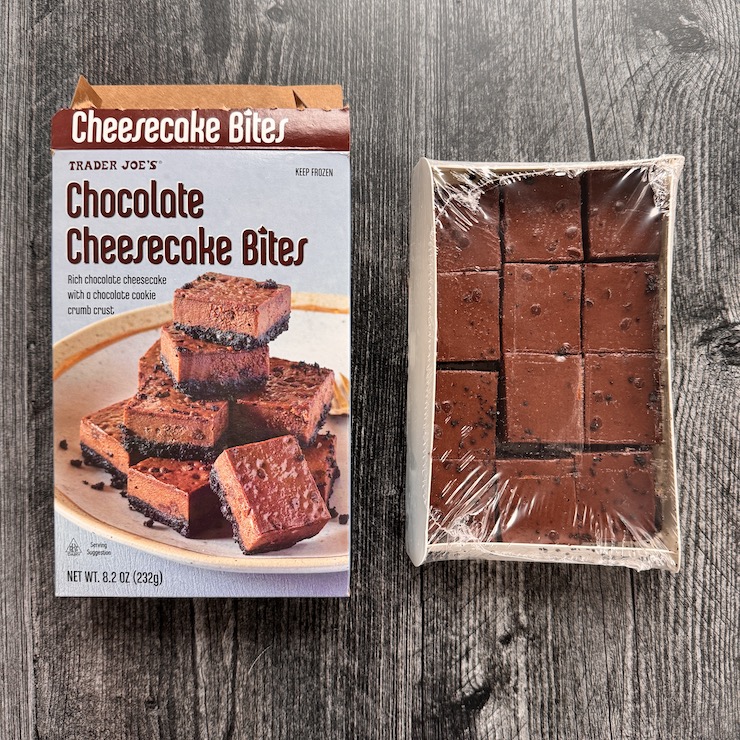 Trader Joe's Chocolate Cheesecake Bites box next to the packaged bites (12 to a box).