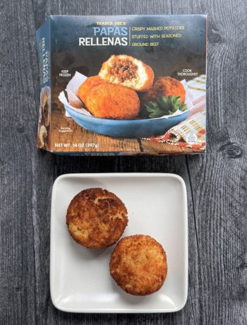Trader Joe's Papas Rellenas on a white plate with its box