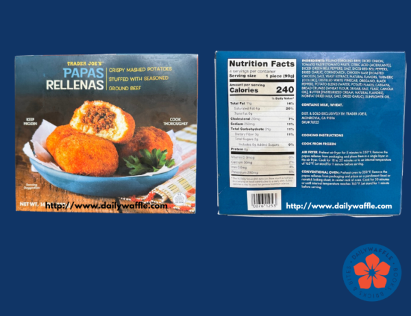 Trader Joe's Papas Rellenas box front and back, showing the nutrition facts.
