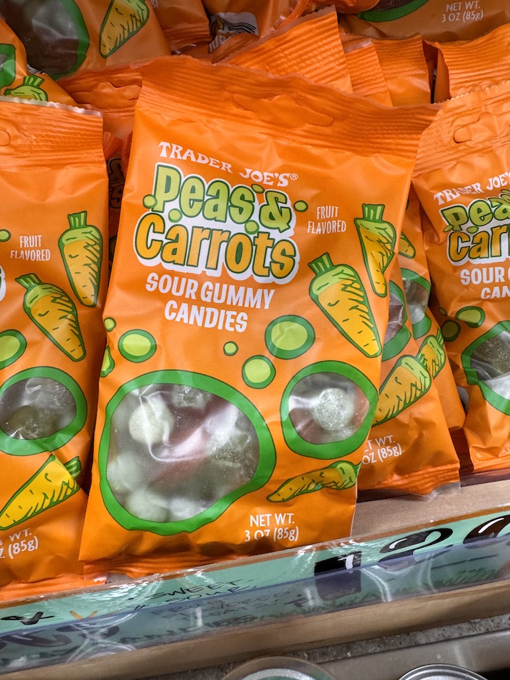 Trader Joe's Peaas and Carrots sour gummy candies.