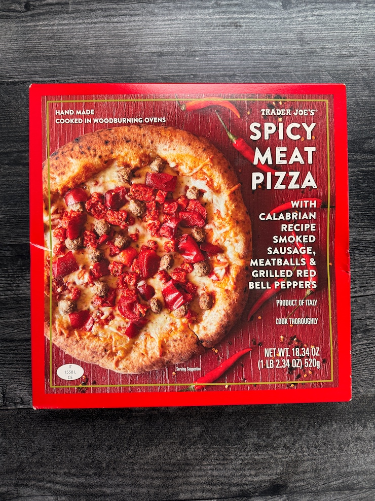 Trader Joe's Spicy Meat Pizza box.