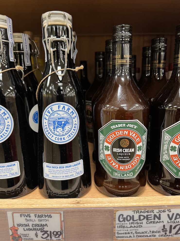 Irish Cream Liqueur at Trader JOe's from Five Farms and Golden Vale.