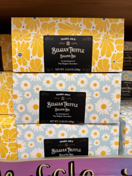 Trader Joe's Belgian Truffle ballotin box (one design white daisies on a blue background, the other yellow flowers on a white background).
