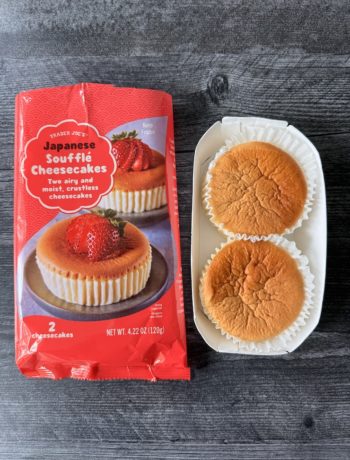 Trader Joe's Japanese Souffle Cheesecake thawed next to its package.