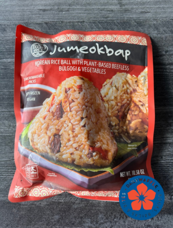 Trader Joe's Jumeokbap package, Korean rice balls with plant-based beefless bulgogi and vegetables.
