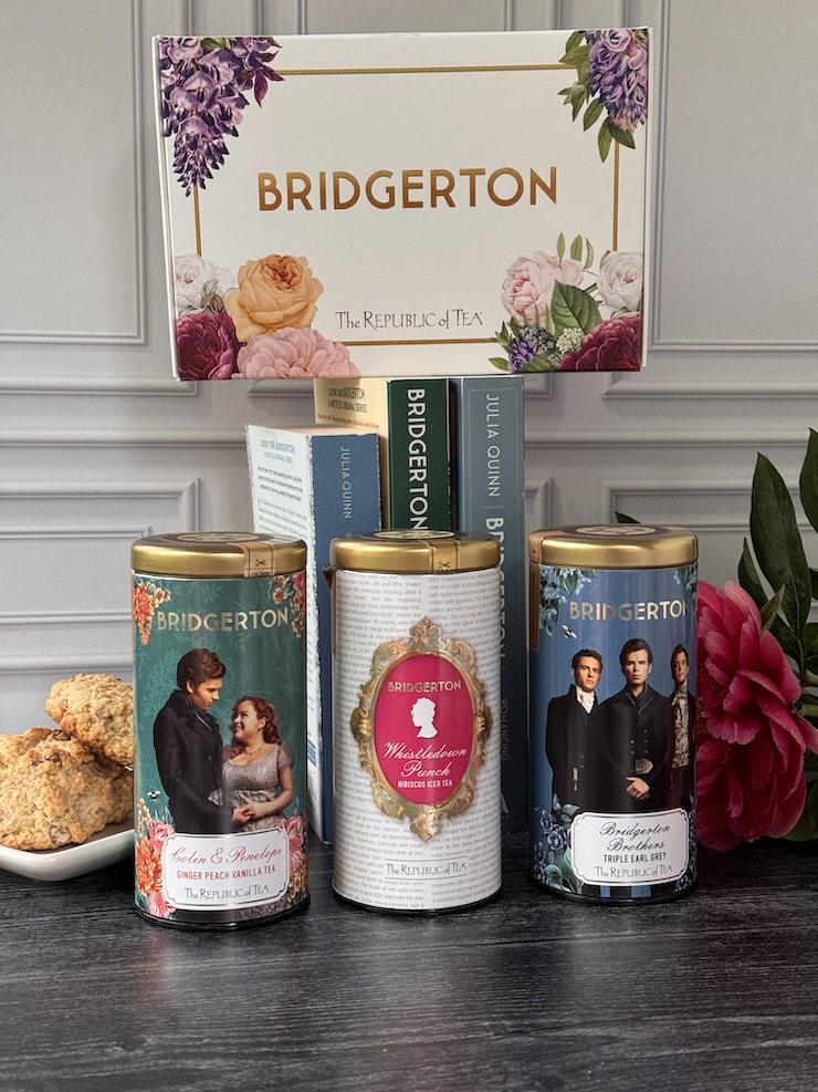 Bridgerton Republic of Tea with Colin & Penelope Ginger Peach Vanilla, Whistledown Punch, and Bridgerton Brothers Triple Earl Grey canisters.