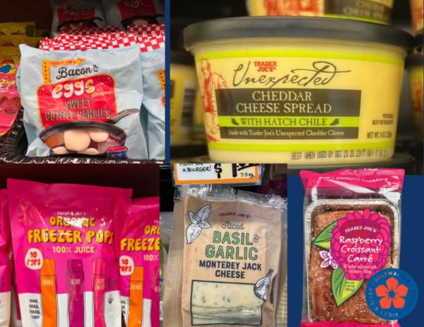 Trader Joe's collage with Bacon and Eggs shaped gummies, unexpected cheddar hatch chile spread, freezer pops, basil & garlic jack cheese, raspberry croissant carre