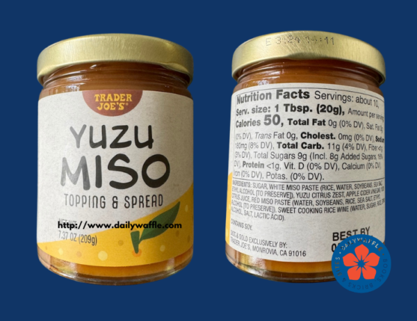 Trader Joe's Yuzu Miso collage with jar on the left, nutrition facts on the right.