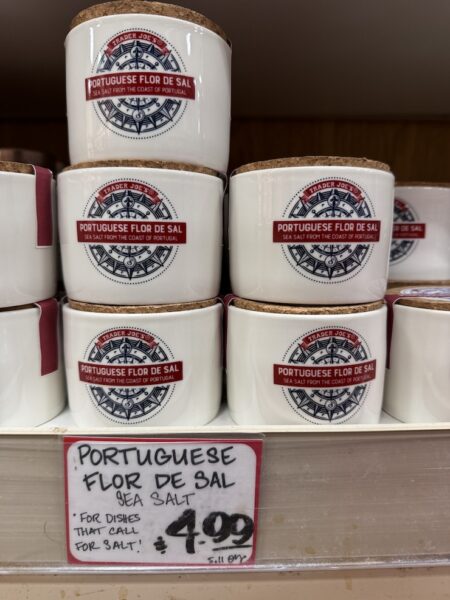 Trader Joe's Portuguese Flor de Sal in a ceramic jar with cork top