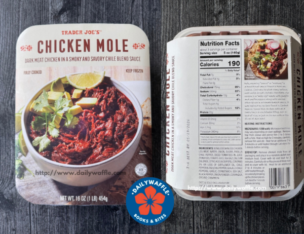 Trader Joe's Chicken Mole box side by side with the nutrition facts on the back of the box