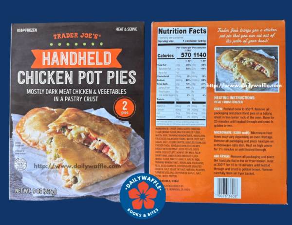 Trader Joe's Handheld Chicken Ppot Pies box on the left with Nutrition Facts on the right.