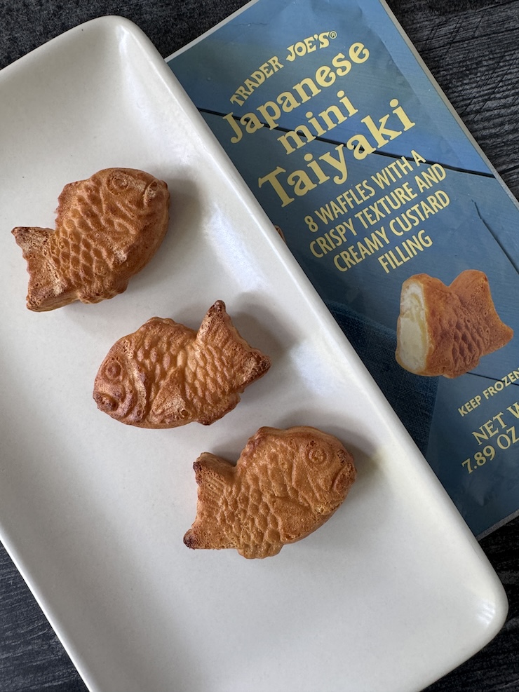 Trader Joe's Mini Taiyaki, 3 on a white plate next to the bag.