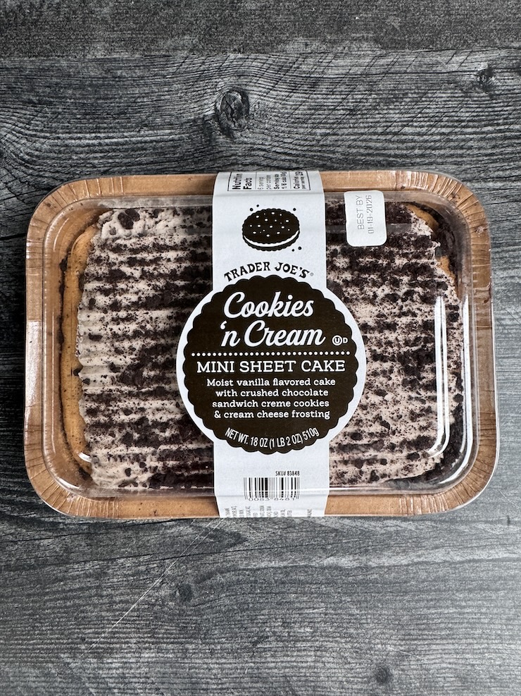 Trader Joe's Cookies n Cream mini sheet cake in its box