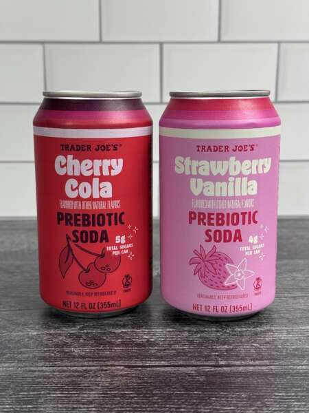 Trader Joe's Prebiotic Soda cans in Cherry Cola and Strawberry Vanilla