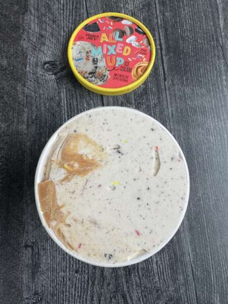 Trader Joe's All Mixed Up Ice Cream top view with lid