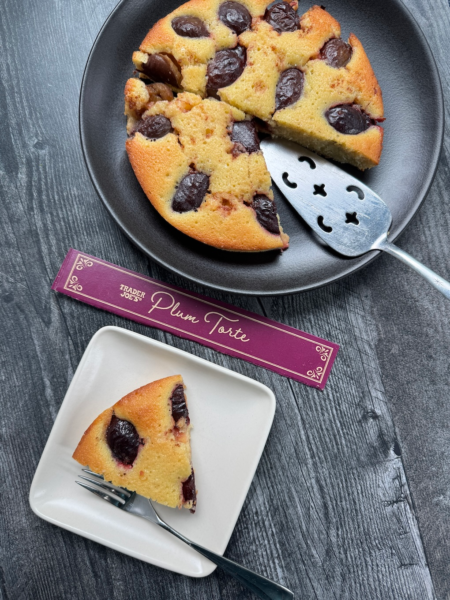 Trader Joe's Plum Torte with a slice on a white plate