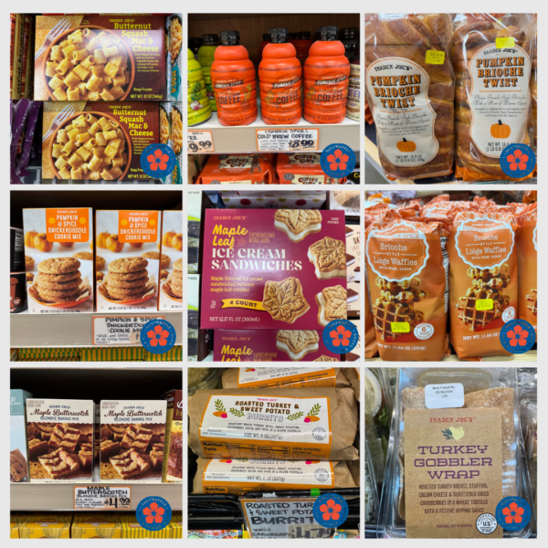 Trader Joe's Butternut Squash Mac n Cheese, Pumpkin Spice cold brew coffee, pumpkin brioche twist, pumpkin spice snickerdoodle mix, maple leaf ice cream sandwiches, brioche pumpkin spice waffles, maple butterscotch blondie mix, roasted turkey & sweet potato burrito, turkey gobbler wrap