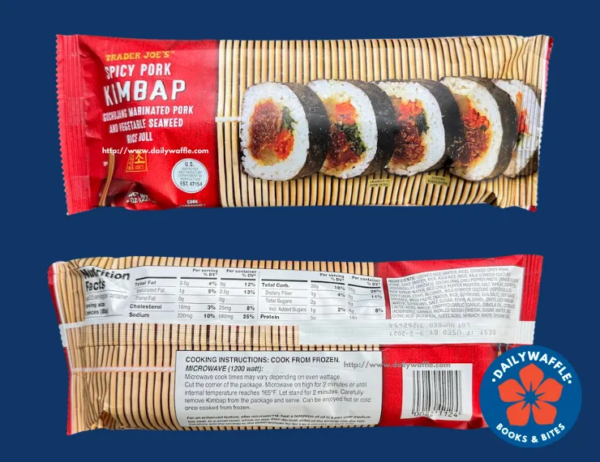 Trader Joe's Spicy Pork Kimbap package front and back with nutrition facts.